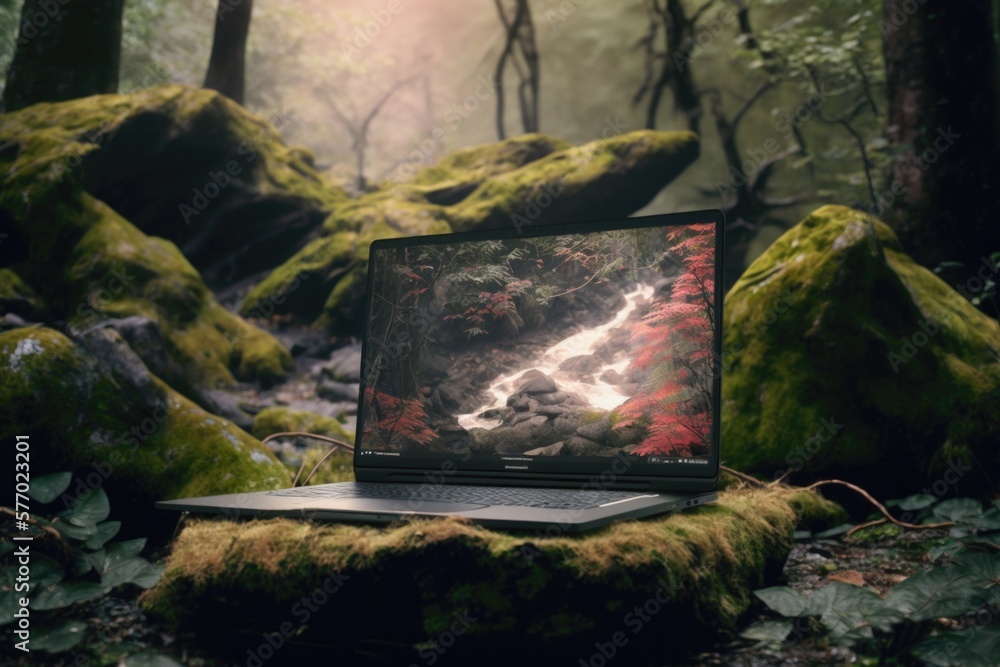 Poster a laptop computer sitting on a mossy rock in a forest with a stream running through it forest backgr