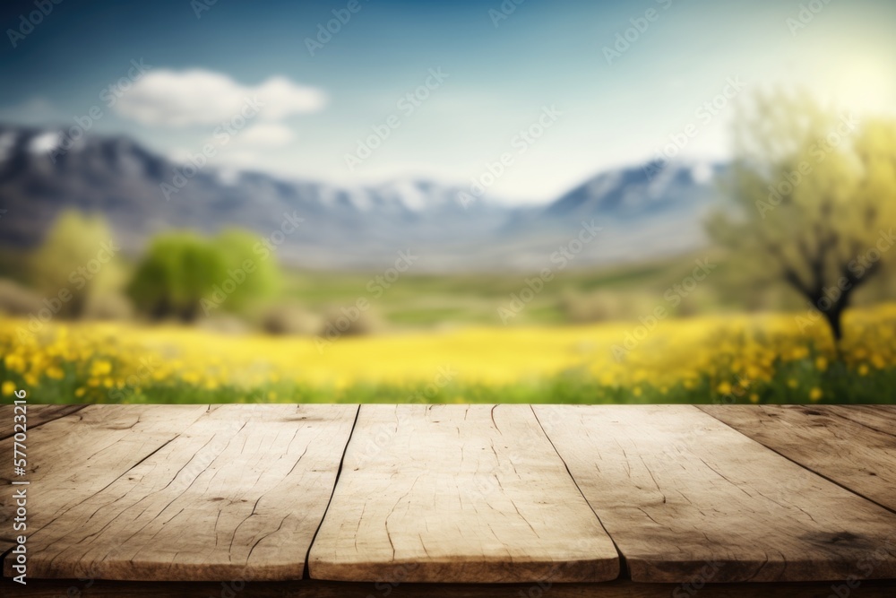 Poster a wooden table with a scenic view of a field and mountains in the background with a sky background p