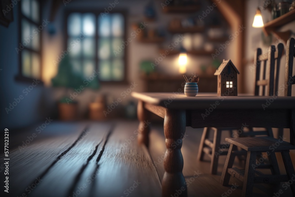 Poster a wooden table with a small house on top of it next to a chair and a table tilt shift a tilt shift p