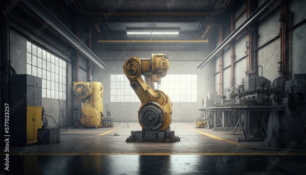 Poster a large robot in a large industrial building with windows and machinery in the background octane ren