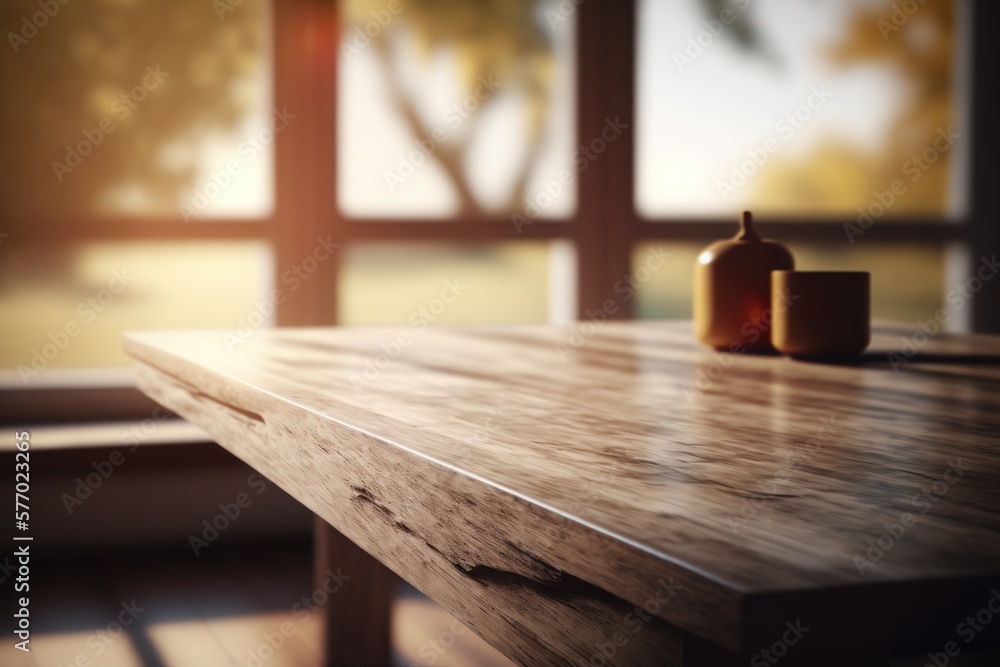 Poster a wooden table with two vases on it in front of a window with a view of a tree rendered in unreal 5 