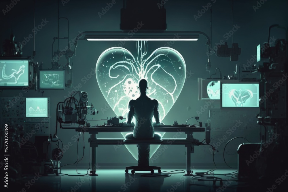 Aufkleber a person sitting in a room with a heart shaped object in the background and a neon light biopunk cyb