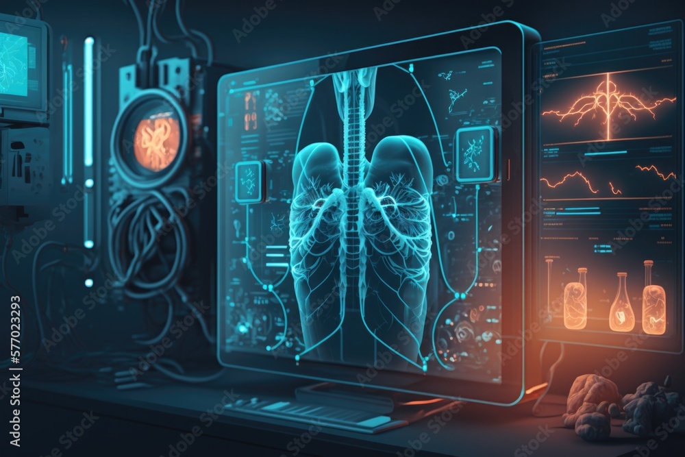 Poster a computer screen with a picture of a human lungs on it and a monitor screen with a picture of a hum