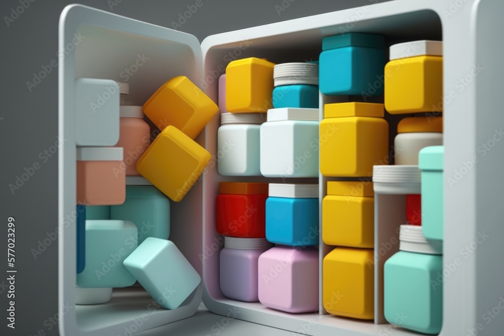 Poster a bunch of colorful objects are in a white container with a gray background and a gray background 3 