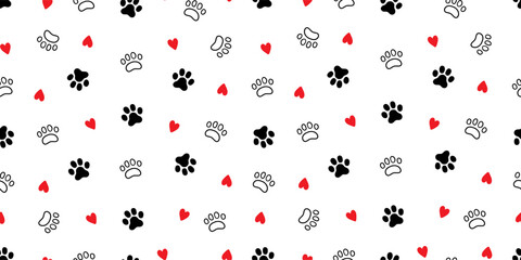 Pet footprint seamless pattern. Pet animal dog, cat footprint background with heart. Puppy valentine texture doodle wallpaper. Vector illustration © Polina Tomtosova