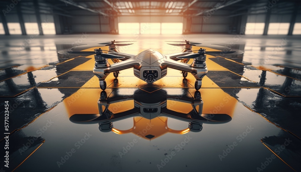 Poster a large yellow and black plane in a hangar with a sun shining through the window octane renderer a 3