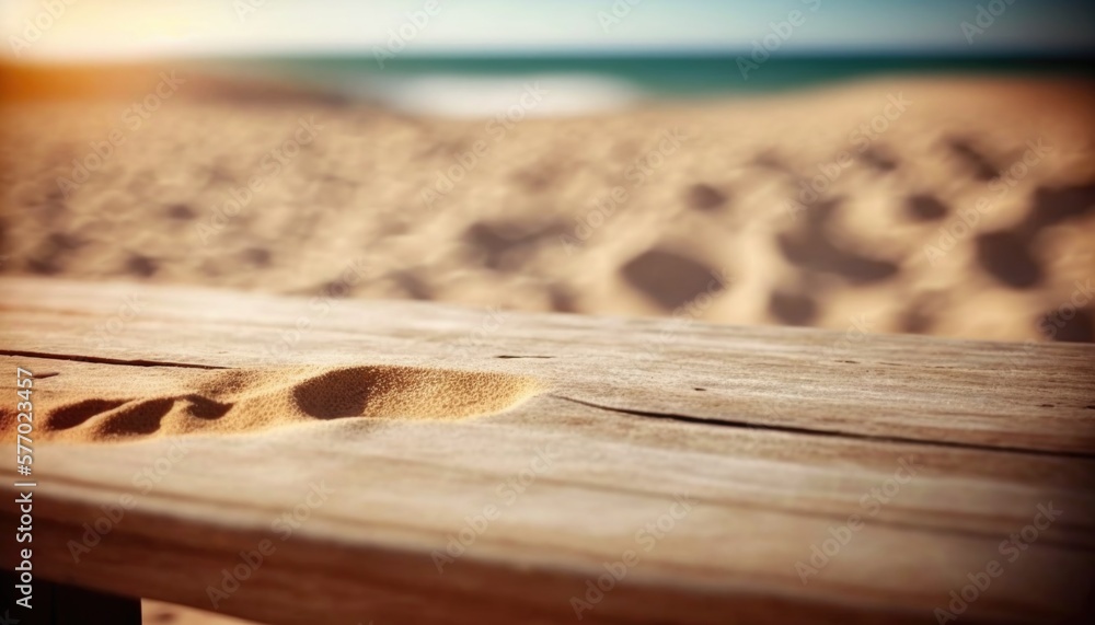 Poster a wooden bench with a sand dune in the background and a blurry beach in the background deep depth of