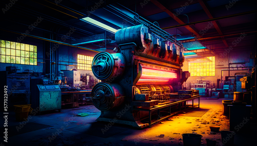 Poster large machine in large room with lot of windows. generative ai.