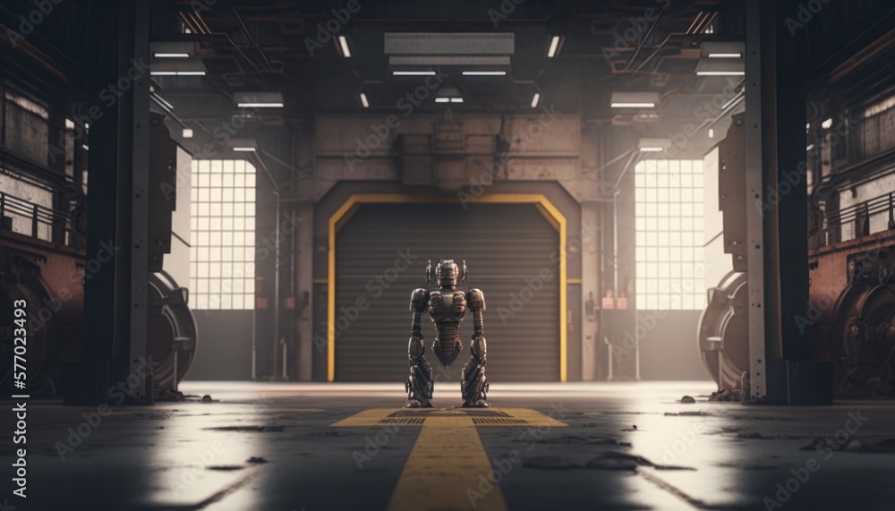 Poster a robot standing in a large industrial building with a yellow line on the floor and a yellow line on