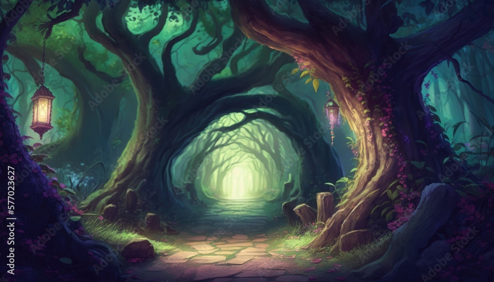 Aufkleber a path through a forest with a lantern on it's end and a light at the end matte fantasy painting a d