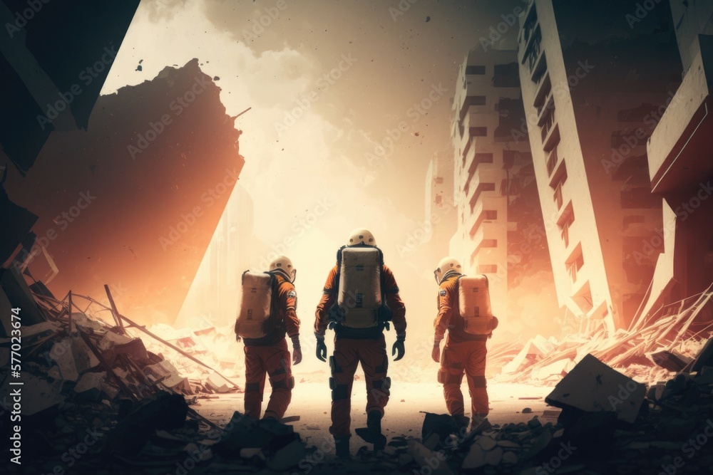 Poster a group of people standing in a rubble area with a building in the background and a sky in the backg