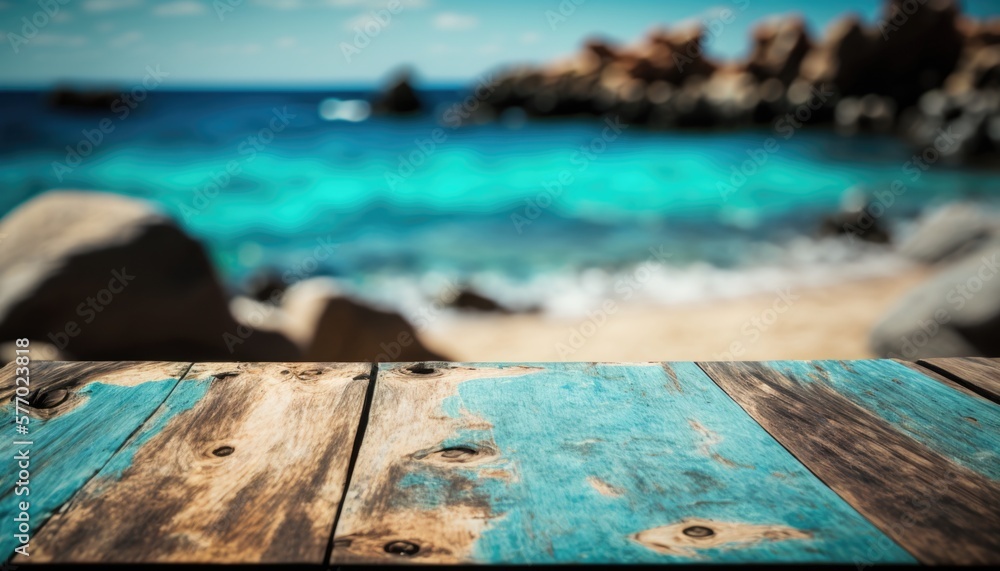 Poster a wooden table with a view of the ocean and rocks in the background with a blurry image of a beach s