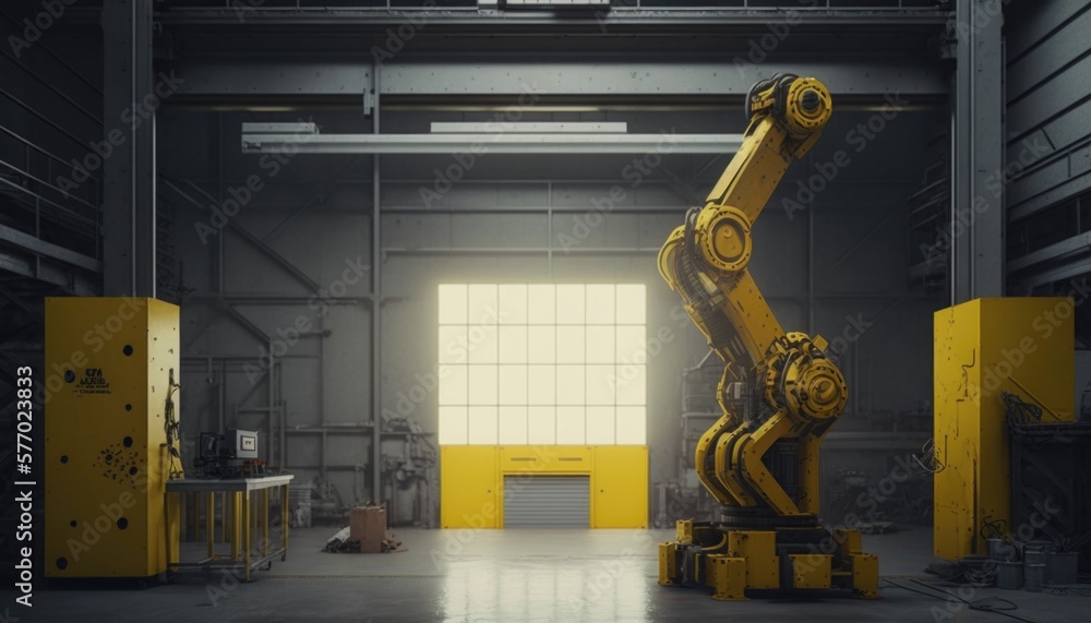 Poster a large robot is in a large warehouse with yellow walls and doors and a window redshift render a 3d 