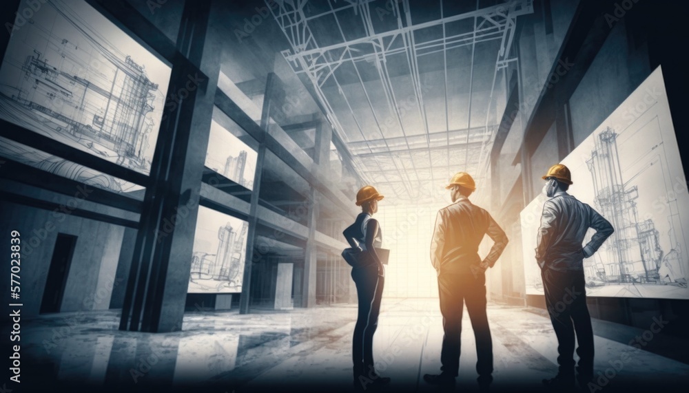 Poster three people in hardhats standing in a large building with a lot of windows realistic render a digit
