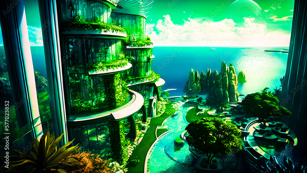 Poster futuristic looking building with view of the ocean. generative ai.