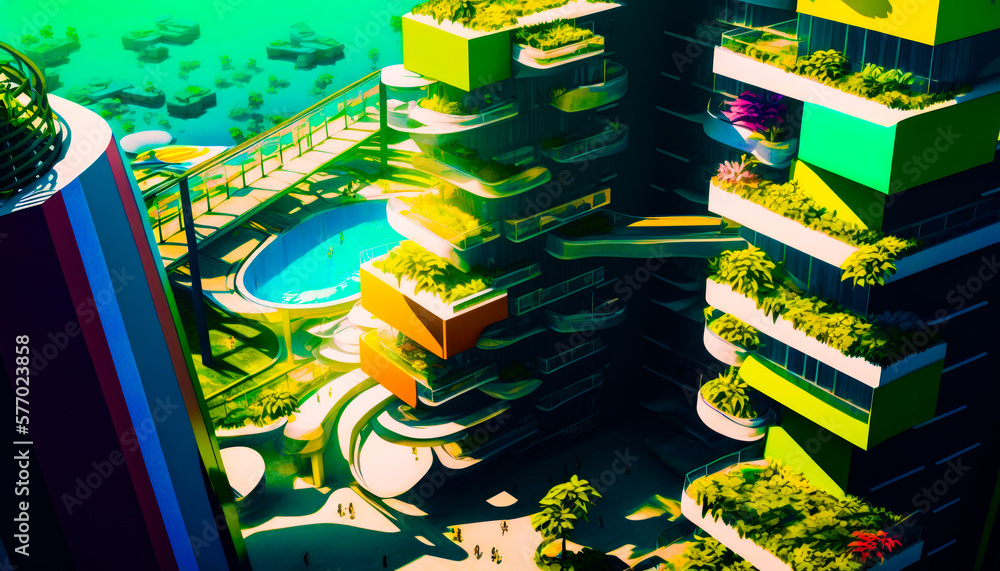 Aufkleber an aerial view of multi - story building with pool. generative ai.