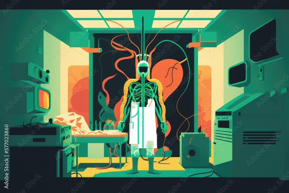 Aufkleber a computer room with a skeleton in the middle of it and a computer on the floor biopunk poster art n