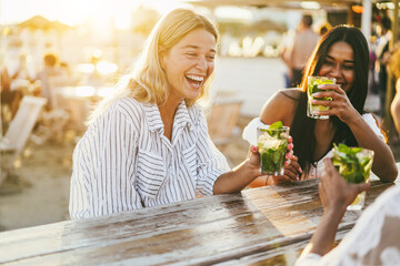 Happy girls having fun drinking cocktails at bar on the beach - Summer lifestyle and party concept - Soft focus on left girl face - obrazy, fototapety, plakaty