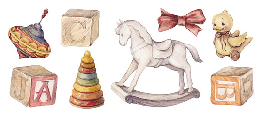 Set of watercolor vintage illustrations with kids toys: whirligig, pyramid, duck, wooden cubes, rocking horse. Isolated.