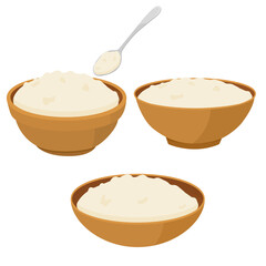 Vector cartoon image of pottery with flour. A plate of rice, dough.  The concept of cooking and delicious food. An element for your design