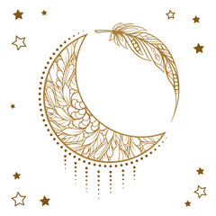 Golden cresent moon illustration. Ethnic style vector graphic.