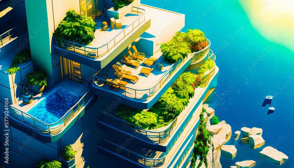 Aufkleber futuristic building with pool in the middle of it. generative ai.