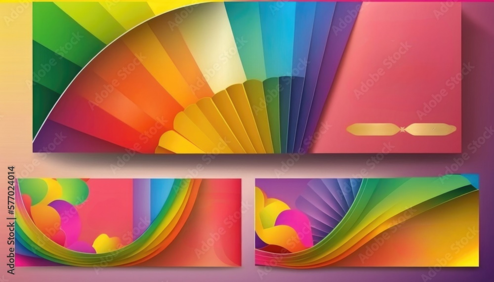 Fototapete a set of three colorful banners with a fan on top of it and a pink background colorful flat surreal 