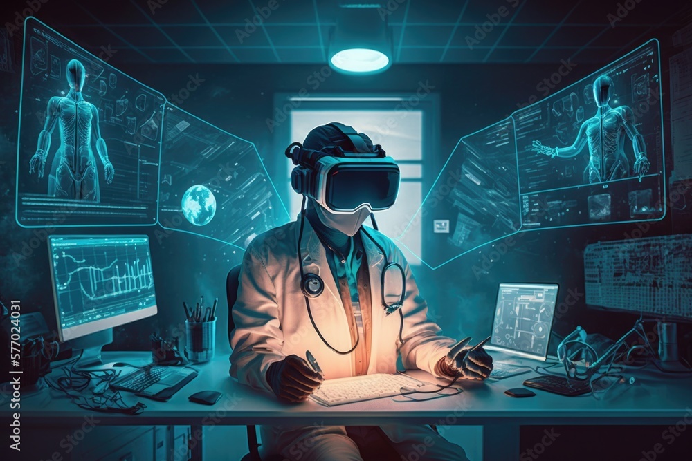 Poster a man in a lab coat sitting at a desk with a computer and headphones on cybernetics computer graphic