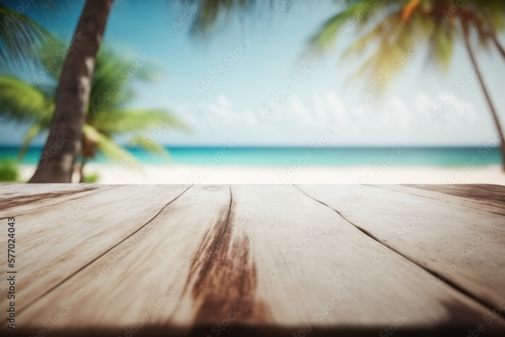Poster a wooden table with a view of the beach and palm trees in the background with a blurry image of the 