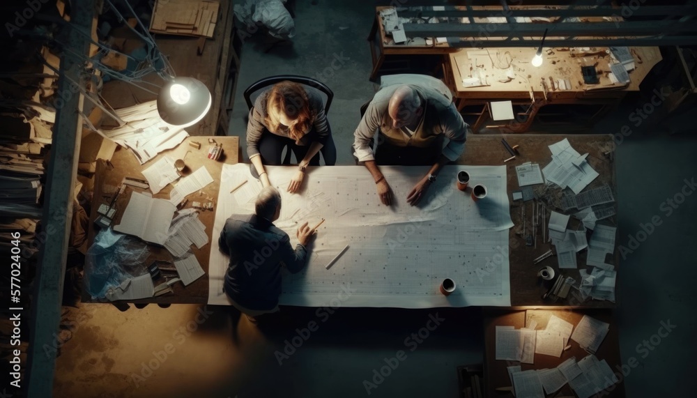 Poster two people are working on a project in a dark room with a lamp on the table blueprint a flemish baro