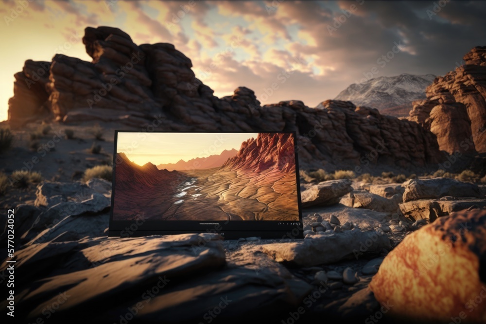 Poster a computer screen sitting on top of a rocky field next to a mountain range with a sunset 8k resoluti