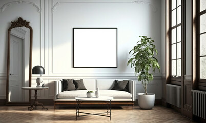 Blank frame in a stylish vintage living room. Mock up template for Design or product placement created using generative AI tools