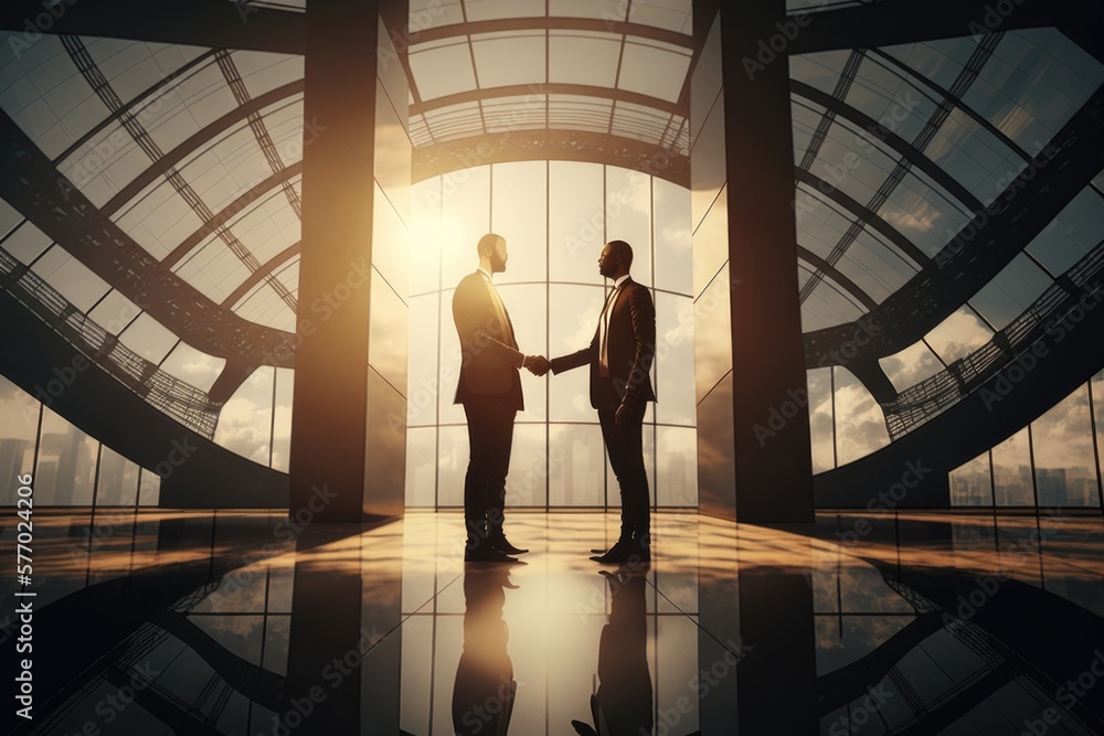 Poster two businessmen shaking hands in front of a large window with a sky background and a sun shining thr