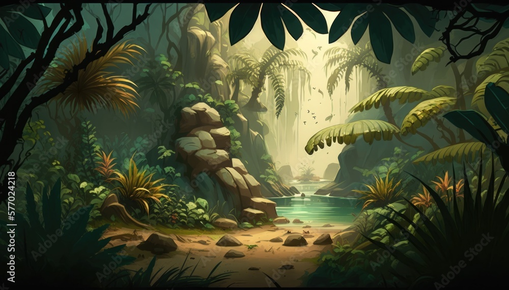 Poster a painting of a jungle scene with a river and rocks in the foreground and a jungle with lots of tree
