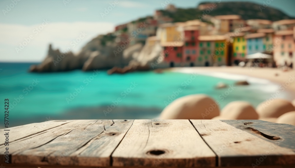 Aufkleber a wooden table with a view of a beach and a town in the background with a blue ocean 8 k render a ti