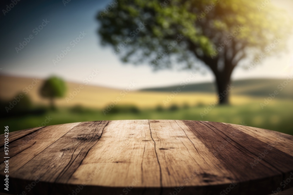 Poster a wooden table with a tree in the background and a blurry image of a field deep depth of field a 3d 