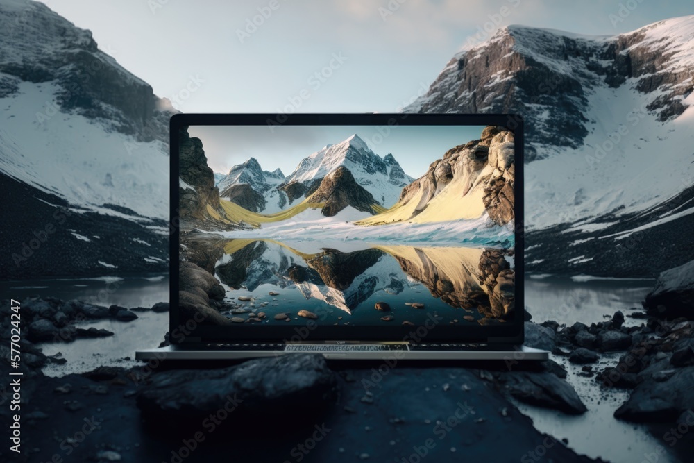 Poster a laptop computer sitting on top of a rocky mountain covered in snow and ice with a mountain range i