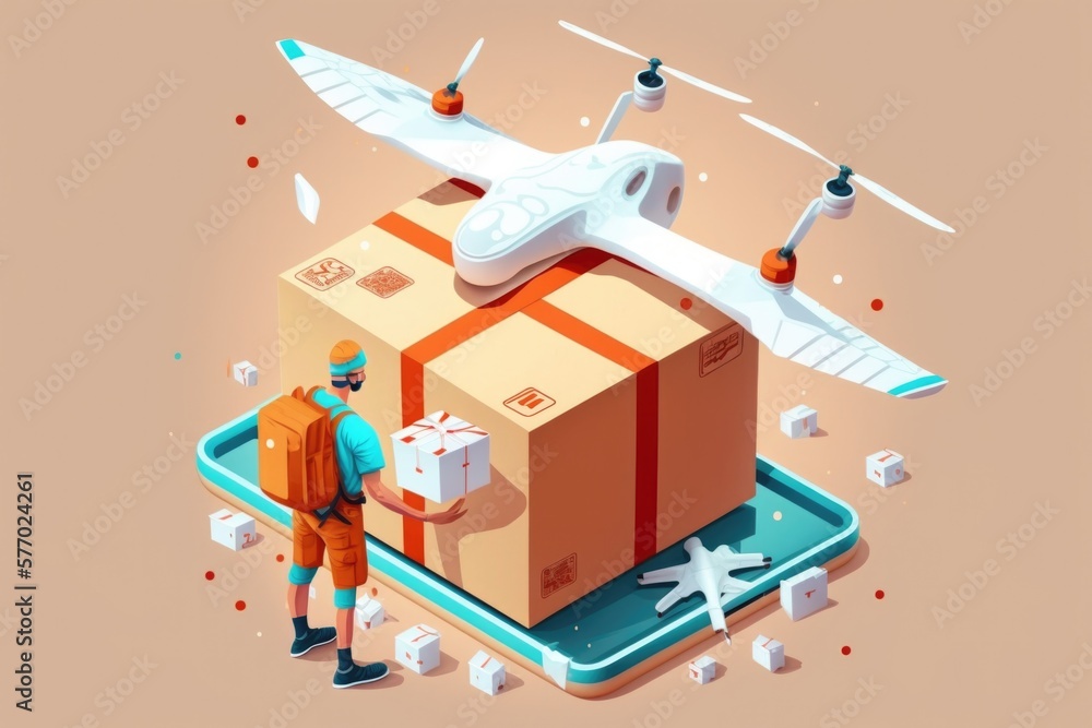 Poster a man with a backpack and a box with a plane on top of it and a plane flying above editorial illustr