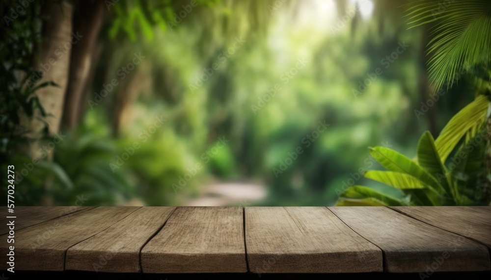 Poster a wooden table with a blurry background of a forest scene with a path in the distance forest backgro