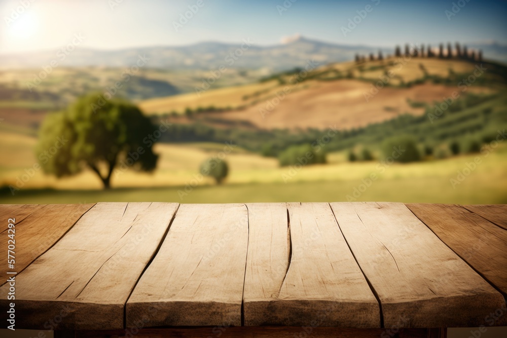 Poster a wooden table with a scenic view of a countryside in the background with a tree unreal 5 render a 3