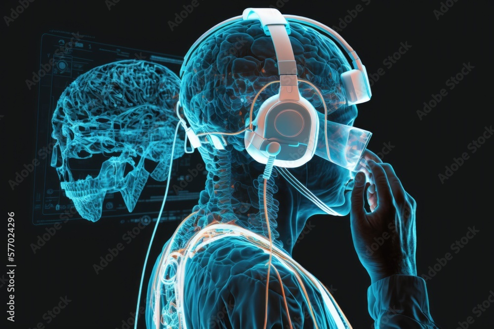 Poster a person wearing headphones and a headphone to hear something on a computer screen cybernetics a com
