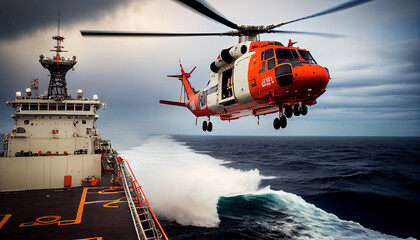 lifeguard descend from helicopter on ship at blue sea - obrazy, fototapety, plakaty