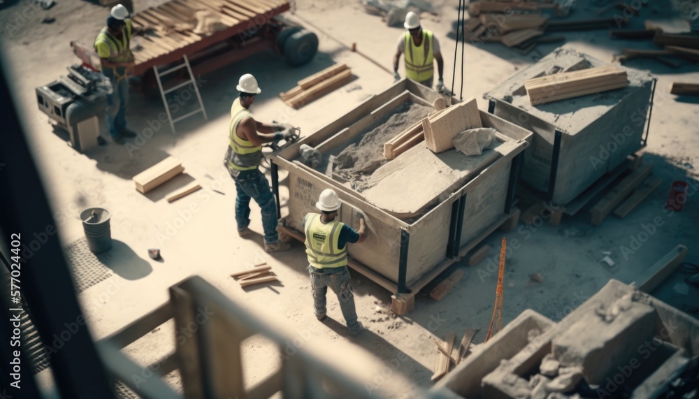 Poster a group of construction workers standing around a building under construction with a crane in the ba