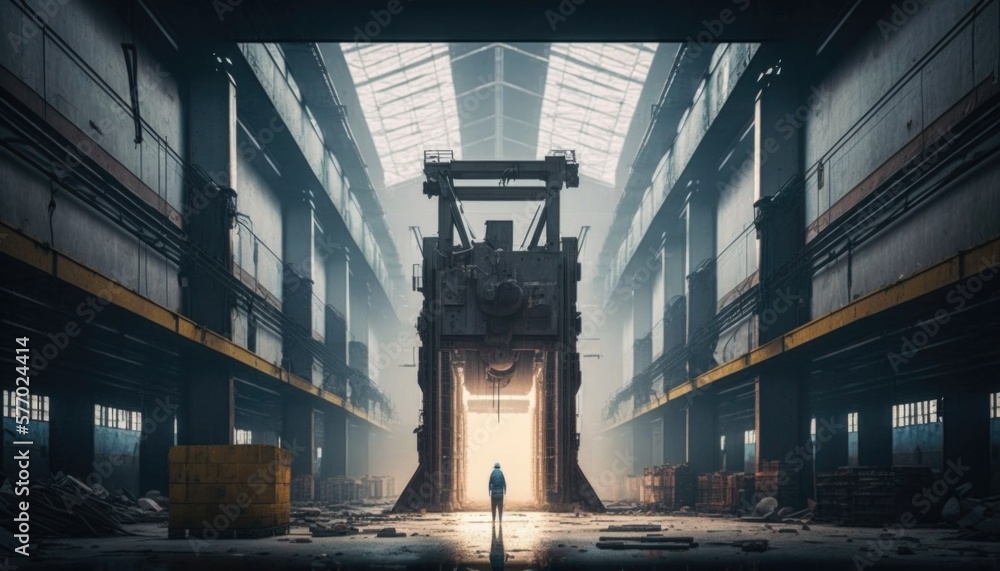 Poster a man standing in a large industrial building with a large machine in the middle of the room dystopi