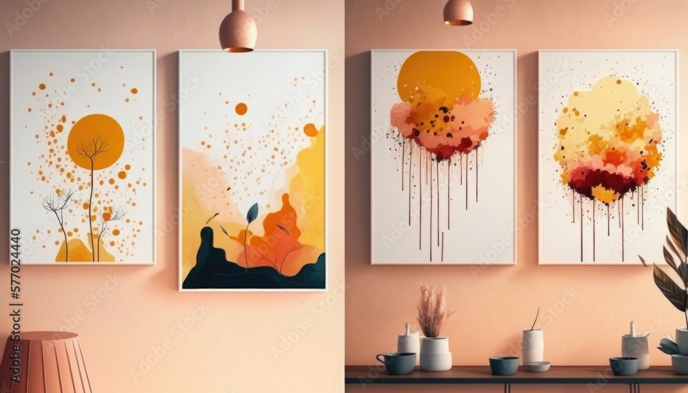 Poster a room with three paintings on the wall and a table with a lamp on it colorful flat surreal design a