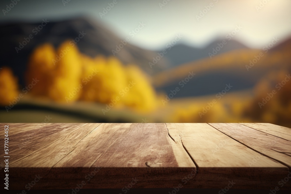 Poster a wooden table top with a blurry background of mountains and trees in the background rendered in unr