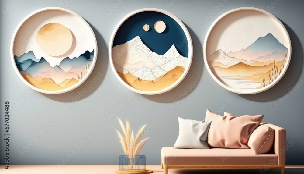 Poster three plates on a wall with mountains and a moon in the middle of them hanging on a wall colorful fl