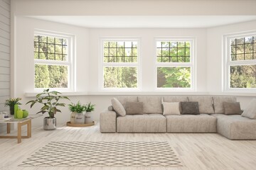 White living room with sofa and summer landscape in window. Scandinavian interior design. 3D illustration