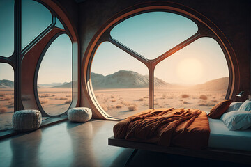 AI image of bedroom with window and comfortable bed overlooking dunes and mountains in Mars