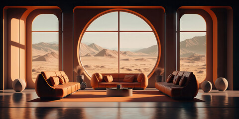 AI image of spacious living room with panoramic windows in Mars